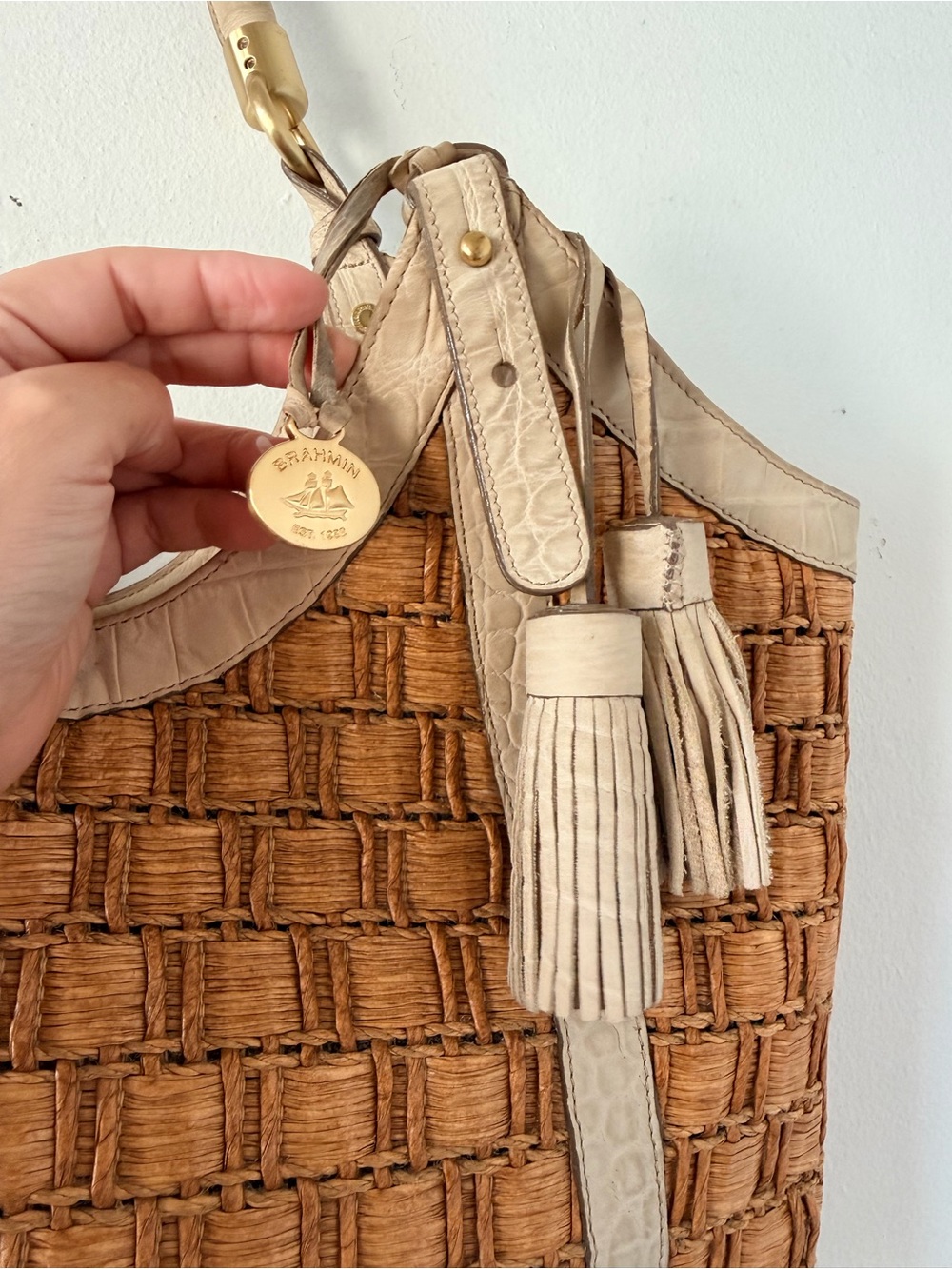 Brahmin Woven Straw Tote with Cream Leather Trim embossed croc - Picture 5 of 12